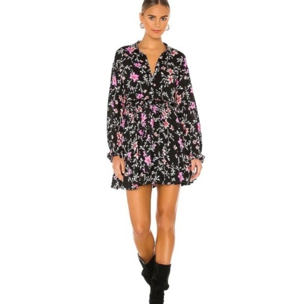 Free People Lighten Up Floral Mini Dress S Black Pink Long Sleeve Boho Cottage